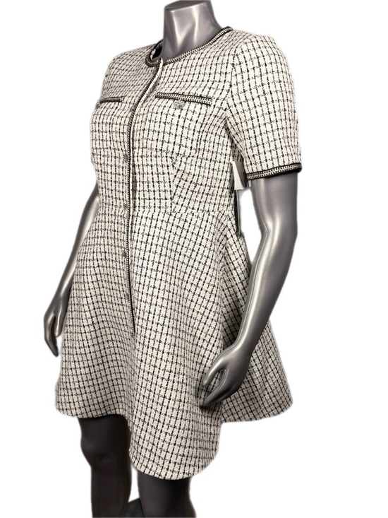 CeCe | Crew Neck Black & White Tweed Fit & Flare Dress Silver Button Down - Picture 7 of 15